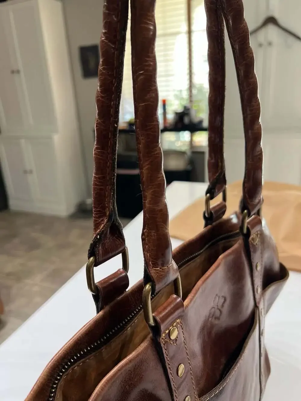 Patricia Nash Cassini Tooled Leather Satchel in Classic Cognac